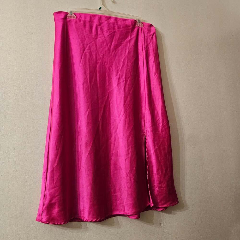 Renee C Pink Satin Midi Skirt 3XL Made in USA Side Slit Plus Size Fuchsia - Picture 2 of 7